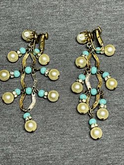 Pair of vintage Vendôme faux pearl and turquoise clip on earrings