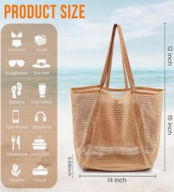 Beach Bags for Women, Summer Travel Mesh Tote Bag with Large Inner Pocket, Sandproof Woven Shoulder Handbag