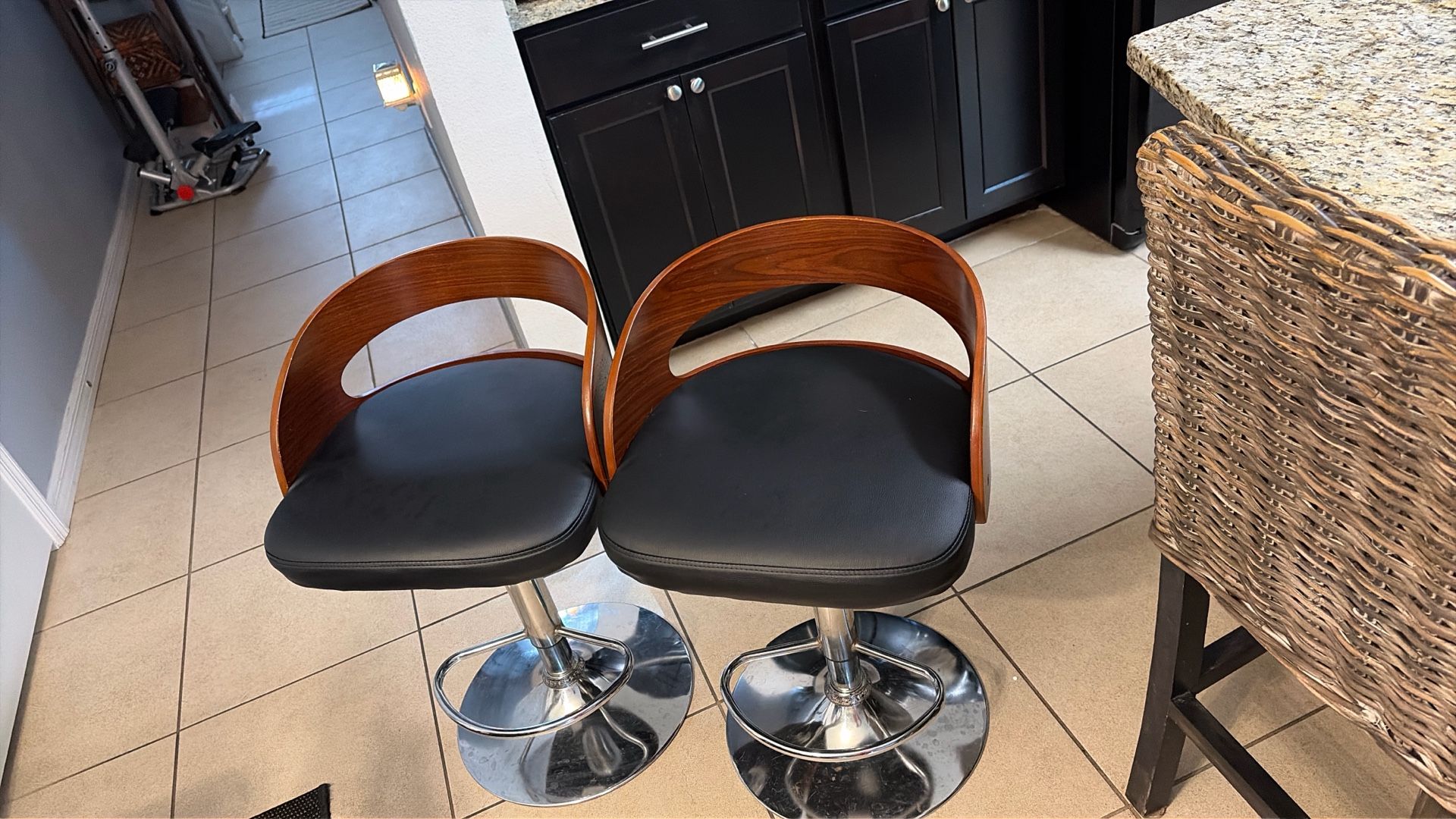 Two, Leather And Wood Adjustable Stools
