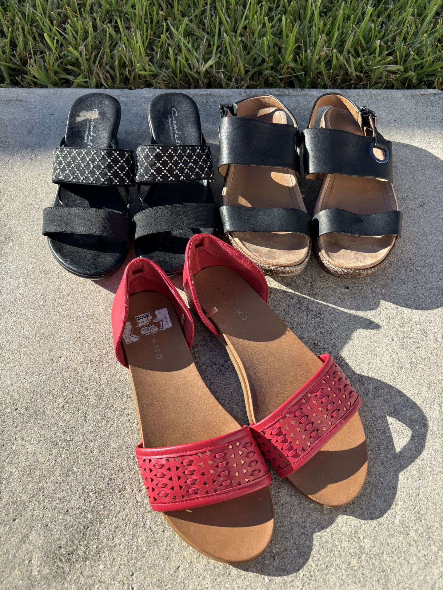 Lot of 3 Women's Flats Low Heel Slip On Sandal Strap Brown Black Red Sz 9 Shoes