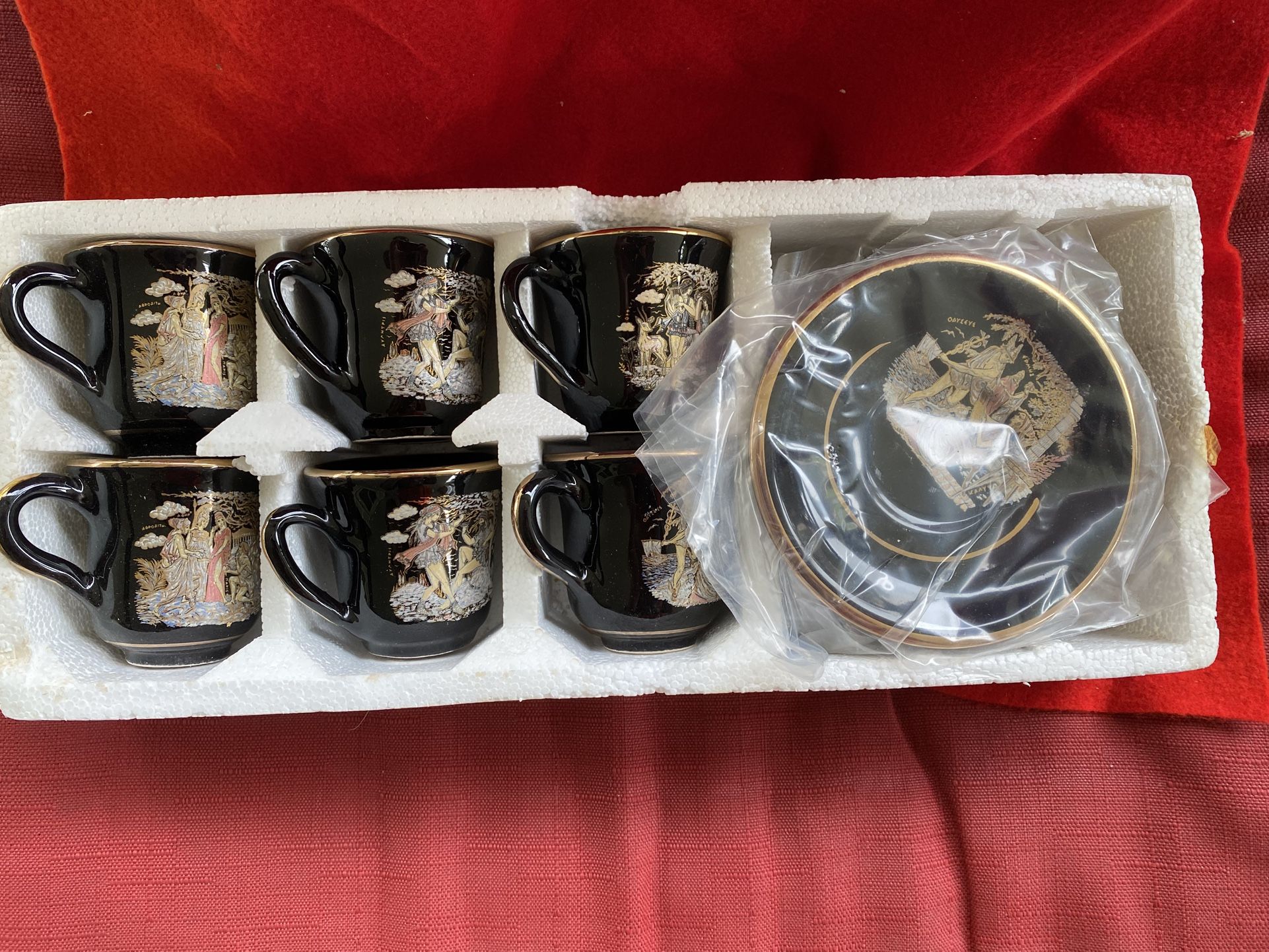 Handmade In Greece 24k Black & Gold Ceramic Cup & Saucer Set Imported From Greece