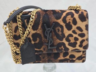 Saint Laurent Sunset Small Calf Hair Leopard Print Gold Chain Purse