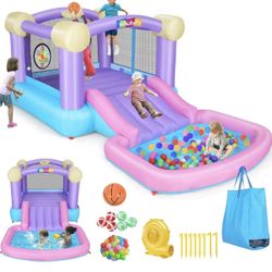 Whubefy Inflatable Pink Bounce House for Kids 2-8 with Ball Pit, 161x82x63 All-in-ONE Jump and Slide Water Park w/50 Ocean Balls, 6 Dart Target Balls,