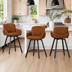 26"H Faux Leather Swivel Upholstered Bar Stools, Brown (Set of 3)