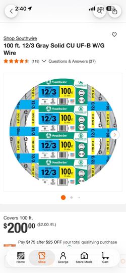 Southwire 100 ft. 12/3 Gray Solid CU UF-B W/G Wire