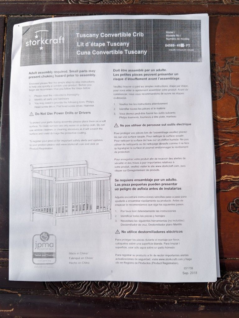 Stork Craft Tuscany Convertible Crib - Parts