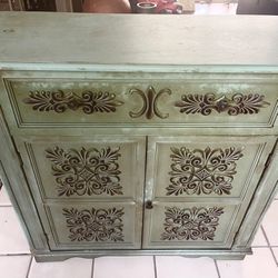 Green Cabinet, Old With Carved Wood Doors 
