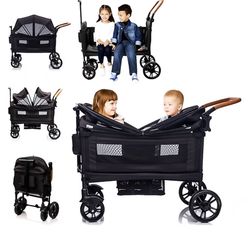 Luxury Wagon Stroller for 2 Kids & Cargo-Lightweight Foldable Travel Push Pull All-Terrain Double Wagon for Newborn&Toddler with 5-Point Harness,Adjus