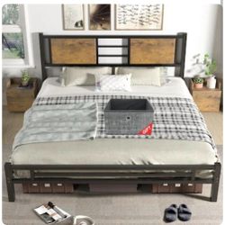 LTMATE King Black Wood Metal Bed Frame with Headboard