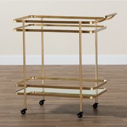 Glam Brushed Gold Finished Metal And Mirrored Glass Wine Bar Cart