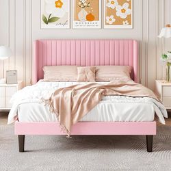 Queen Size Velvet Bed Frame, Tufted Wingback Headboard, Pink 47'' Modern Vertical Channel Headboard, Upholstered Platform Bed, Wood Slats, No Box Spri