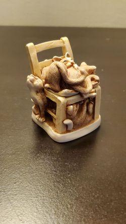Harmony Kingdom "Rumble Seat" figurine, 
Several cats playing on a wooden chair.