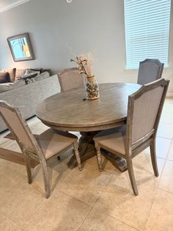 Farmhouse Round Dining Table with 4 Upholstered Chairs - Rustic Gray