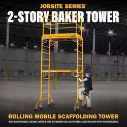 MetalTech - 12 ft. Jobsite Series 2-Story Mobile Baker Scaffolding Tower with Outriggers, Guard Rail, and Scaffolding Platform