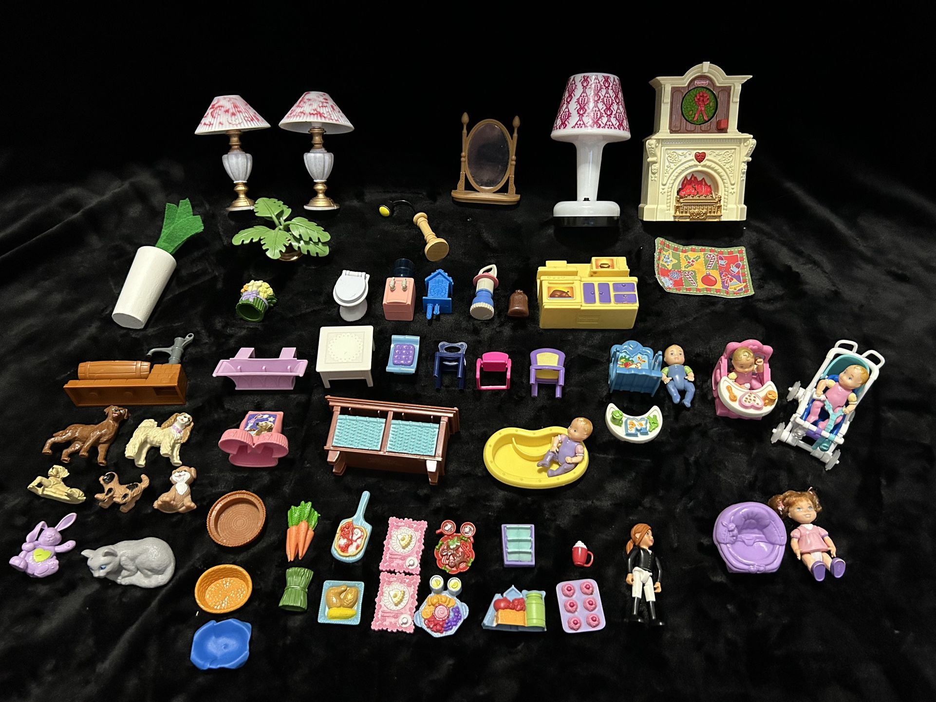 VINTAGE LOVING FAMILY ETC. MISC 63 Piece Lot DOLLHOUSE FURNITURE BABIES (FIREPLACE WITH SOUND AND LIGHTS CHRISTMAS OR Flip To BOWS on Wreath)