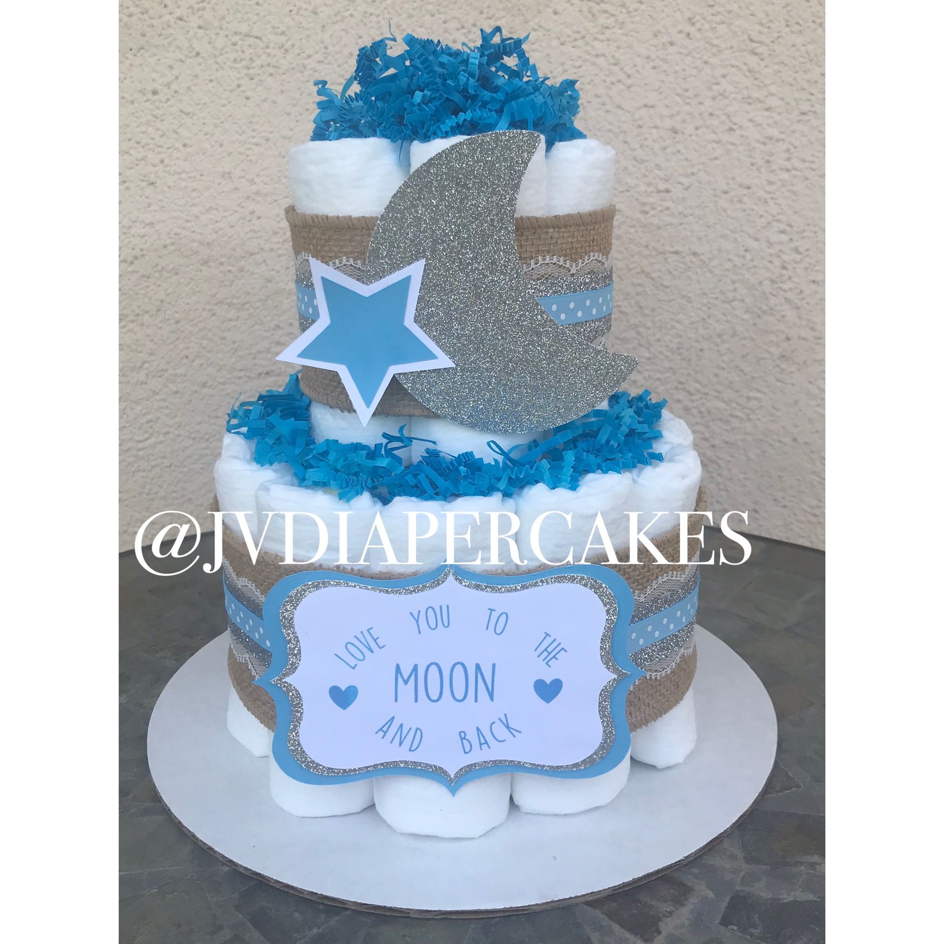 Love you to the moon and back baby boy diaper cake great for baby showers
