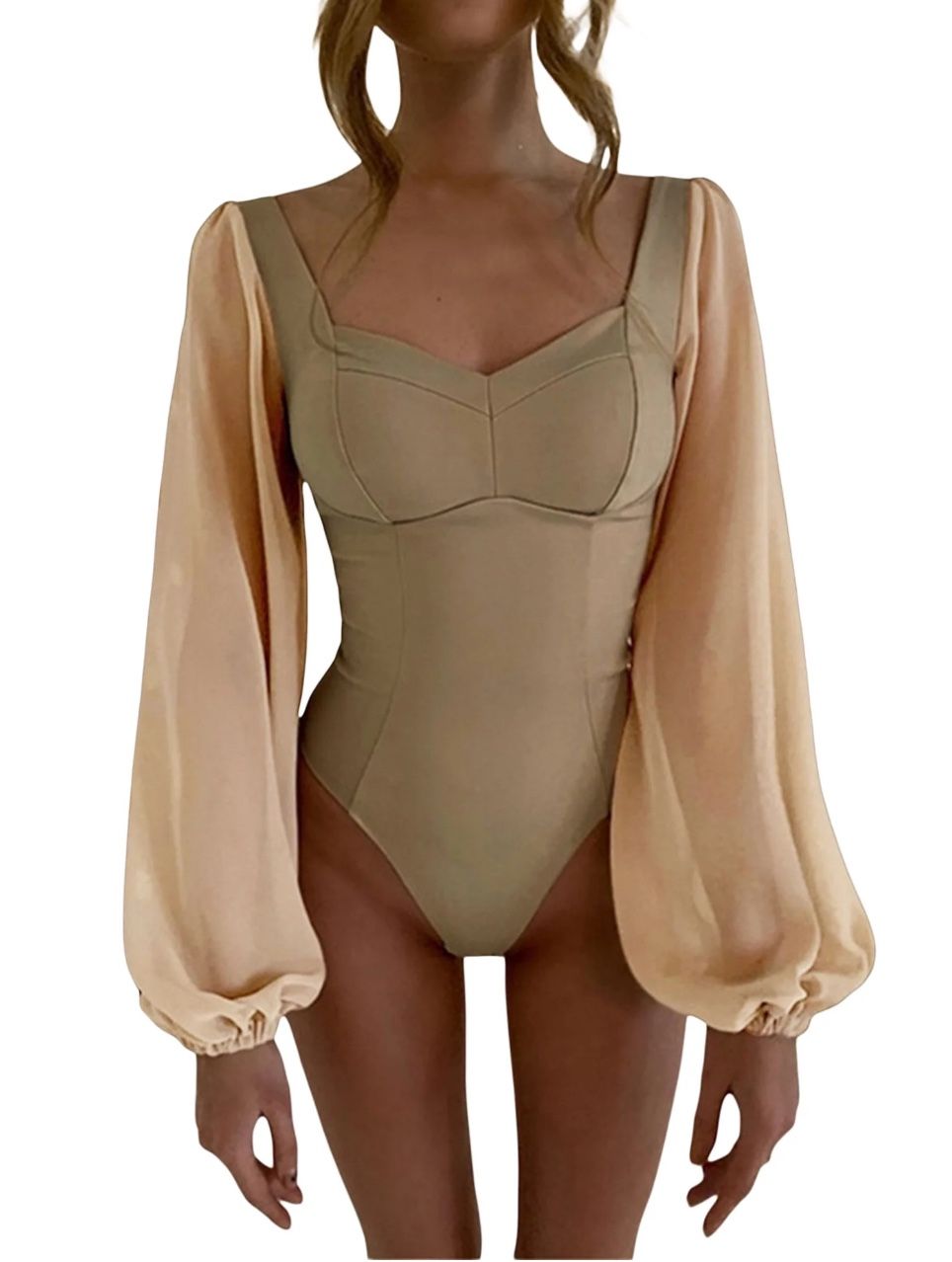 Sheer Sweetheart Lantern-Sleeve Beige Bodysuit