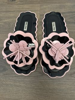 Flip Flop Black Pink Flat Slide Sandals Pattent Leather Size 37