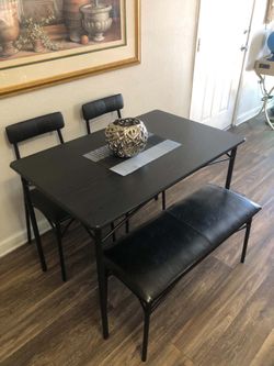 Black Dining Table Set With 2 Leather Chairs And A Bench