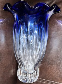 Vintage Heavy Murano Italian Glass Vase Somerso Cobalt Blue 13.5”