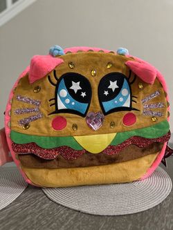 Hold The Pickles Cartoon Hamburger Backpack Glitter Accents Pink Blue Kids Bag