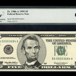 1999 Federal Reserve Note "LOW SERIAL No. (3684) Legacy Choice New 64EPQ