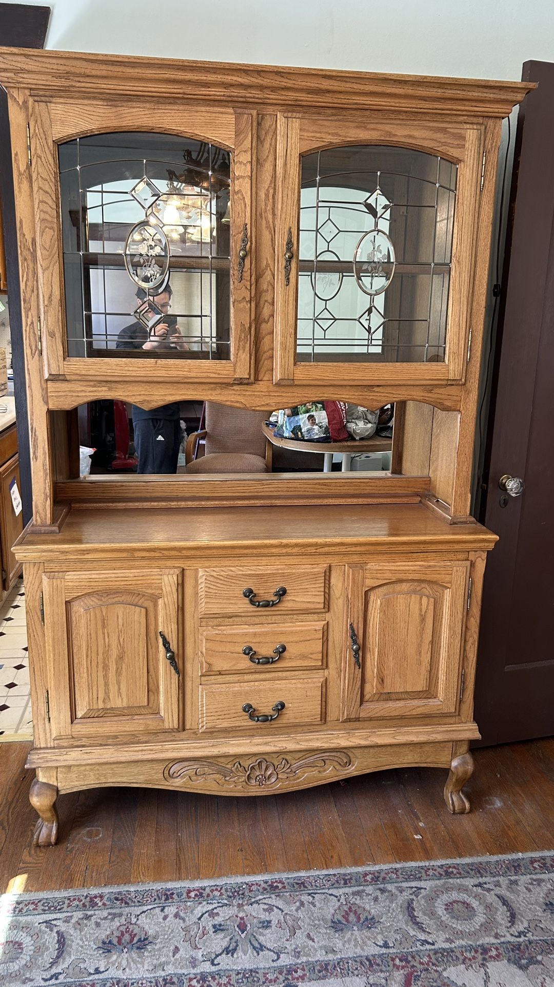 China cabinet with hutch Oak Display Cabinet with drawers glass shelf mirror back buffet sideboard L50”*D17”*H76”