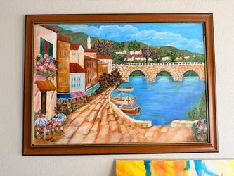 Original Mediterranean Harbour , Oil on canvas custom framed hand painted painting.