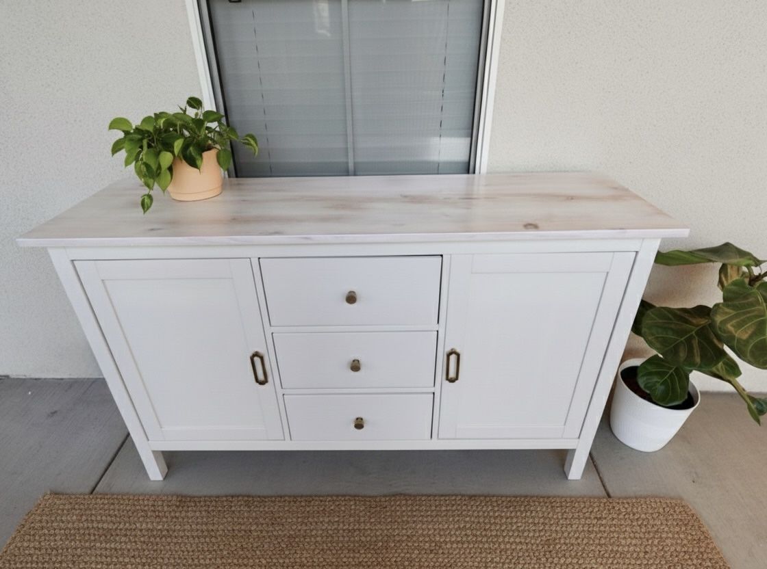 Refinished Solid Wood Sideboard / Buffet, White satin with whitewashed wood top & brass hardware