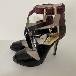 Michael Kors Tamara Women's Black & Red Patent Leather Open Toe Heels Size 8