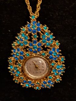 Vintage Oris Pendant Watch Necklace Blue Rhinestones Oris