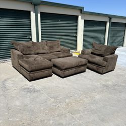 **FREE DELIVERY** Beautiful Modern Brown-Beige L Shaped Couch, Loveseat Chair & Storage Ottoman 