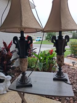 Pair of Ornate Urn-Style Table Lamps bronze with marble