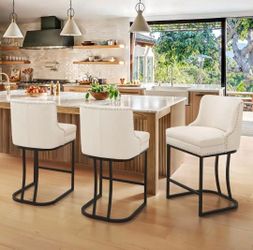 3 Ivory Faux Leather Upholstered Counter Height Bar Stool with Metal Cushion Counter Stool