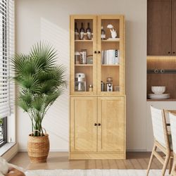 71" Kitchen Pantry With Glass , Bookcase Storage Books Shelf 