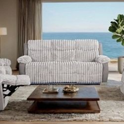 Brand New Grey Plush 3pc Reclining Sofa Set 
