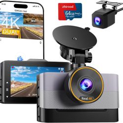 NEW - Car Dash Cam Front Rear 4K Built-in GPS, Voice Control, 64GB SD