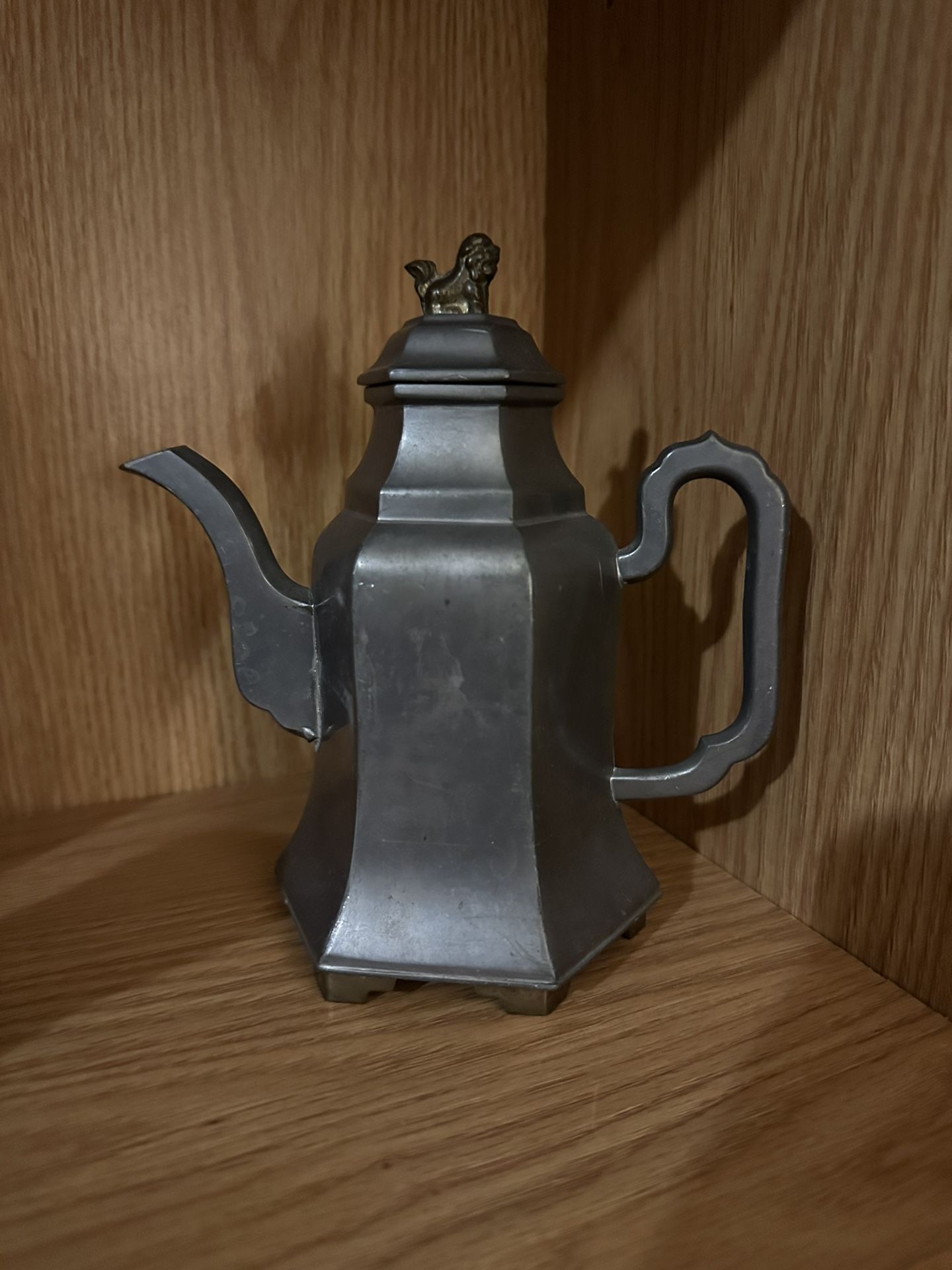 Chinese Pewter Teapot W/ Brass Dog on Lid