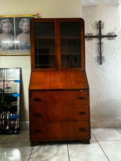 VINTAGE ART DECO TALL SECRETARY DESK WITH BOOKCASE & KEY- Solid Wood