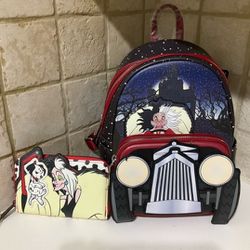 Loungefly 101 Dalmatians Cruella De Vil Mini Backpack & Wallet Travel Set NWT