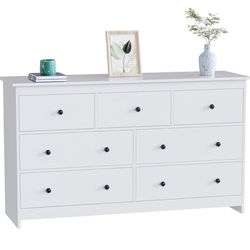 White Dresser for Bedroom, 7 Drawer Dresser with Wide Drawer and Metal Handles, Woode Dressers & Chests of Drawers for Hallway, Entryway.