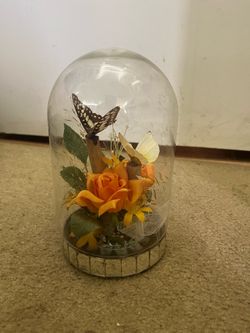 Vintage Butterfly and Flower Taxidermy in glass dome