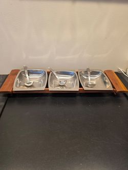 Mid Century Arthur Salm Stainless Steel & Teak Wood   3 Serving Dishes & Spoons