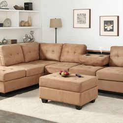 New Taupe Reversible Sectional And Ottoman