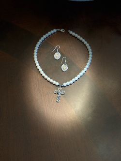 Elegant Faux Pearl & Saint Benedict Religious Jewelry Set – Necklace and Matching Earrings