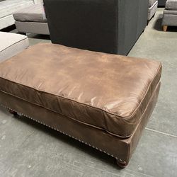 !New! Wooden Legs Beautiful Brown Ottoman With Nailheads, Ottoman, Large Ottoman, Footrest Ottoman, Faux Leather Ottoman, Thick Cushion Ottoman