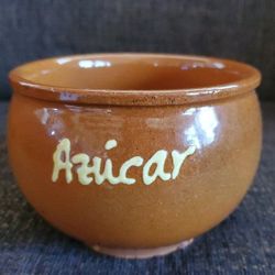 Vintage Mexican Clay Pottery Glaze Brown Rustic "Azúcar" (Sugar) Jar / Bowl