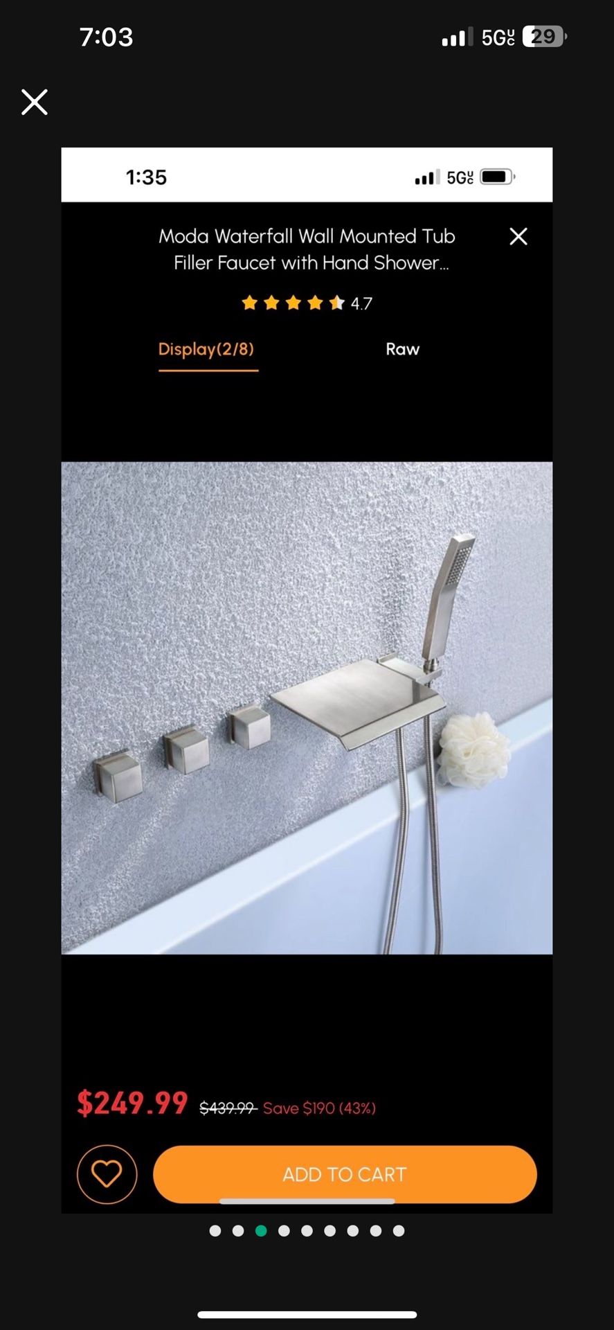Moda Waterfall Wall Mounted Tub Filler Faucet With Hand Shower Brushed Nickel Sh44