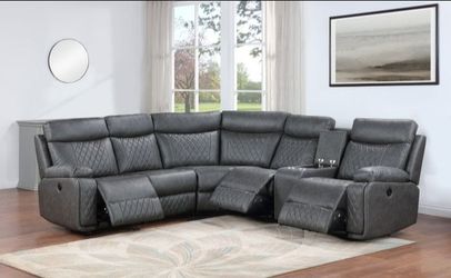 Brand New Grey Leather Power Motion Recliner Sectional Sofa with Consoles