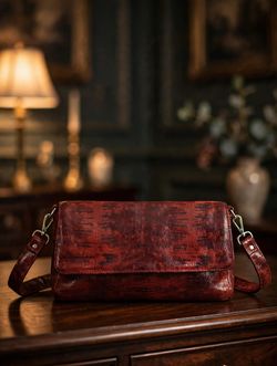 Pelle Studio Wilsons Burgundy Lizard Leather Baguette Shoulder Bag Flap Snap NEW